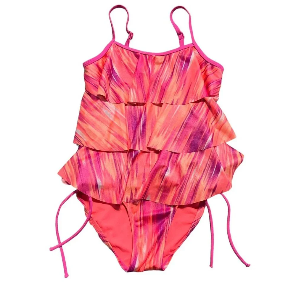 Justice Sz 12 Tiered Ruffle Tankini Swim Bathing Suit